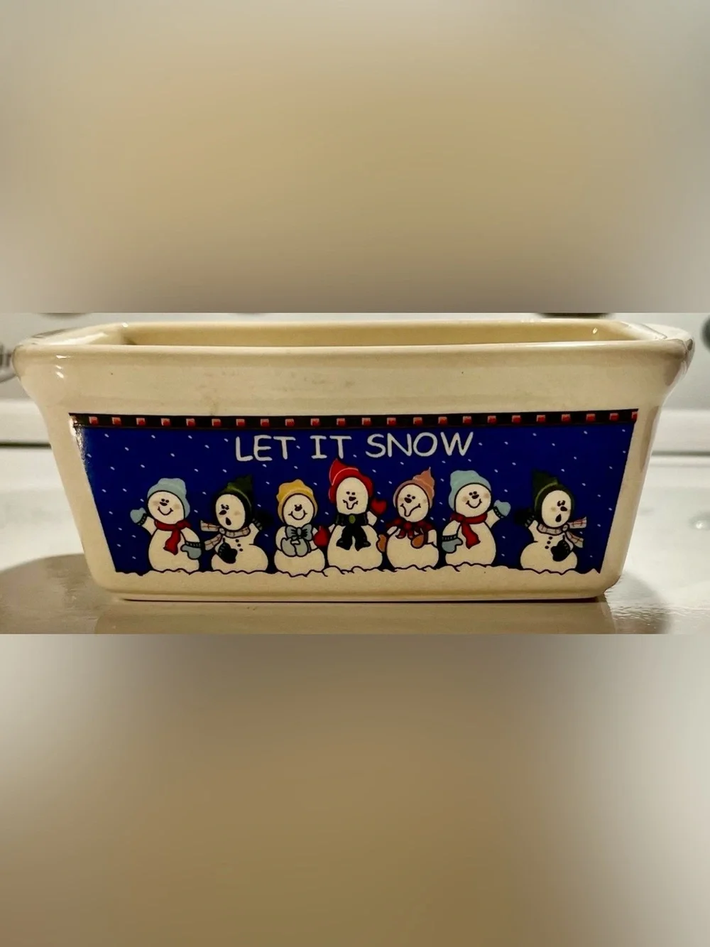 Holiday 'Let It Snow' Snowman Ceramic Serving miniture loaf dish- Cream and Blue